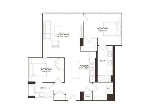 Floor plan for 2 beds, 2 baths, 1132 sqft